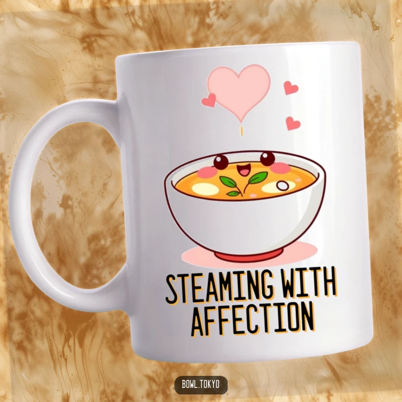 Funny mug showing a bowl of broth character winking playfully, with steam artfully shaped into a heart.