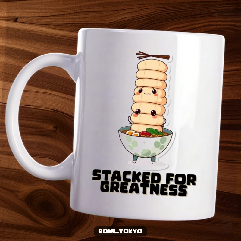 Funny ramen bowl mug, determined expression, balancing a tall tower of fish cakes, showcasing impressive culinary skill.