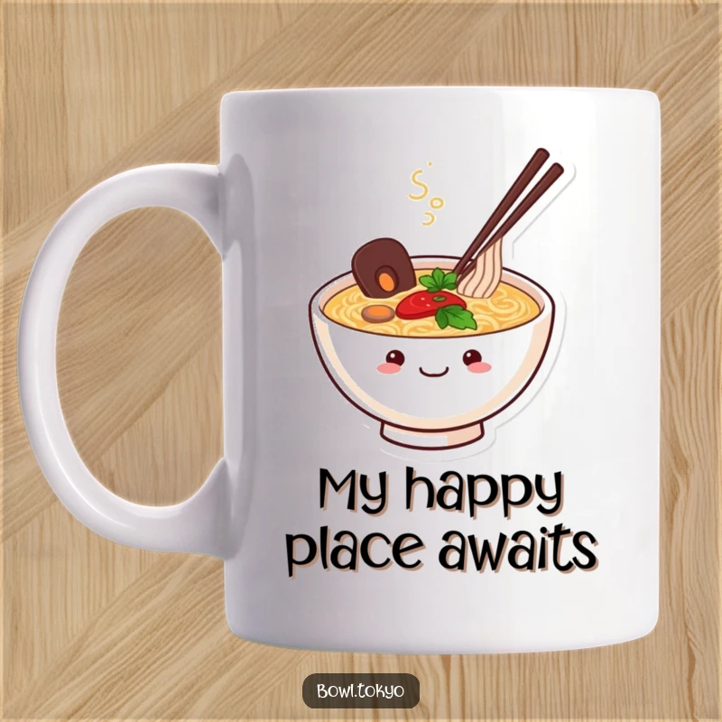 Funny Ramen Bowl Mug featuring a happy, smiling character with steam rising, radiating contentment and warmth, perfect for a cozy morning brew.