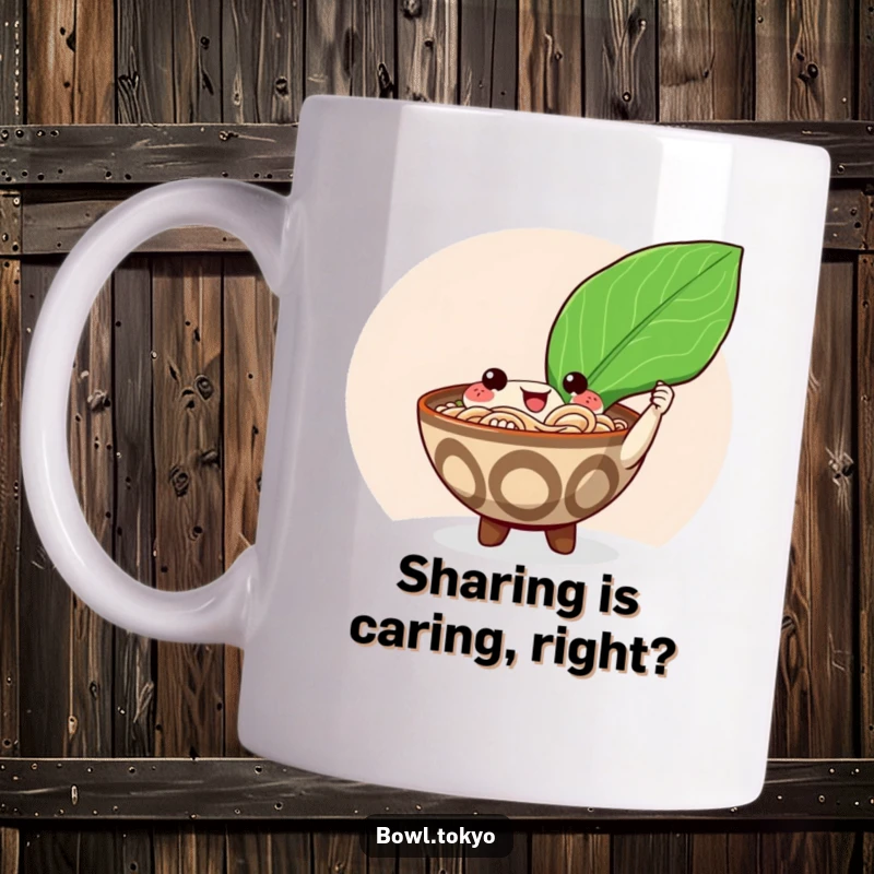 Funny happy ramen bowl character offering a giant shiny nori seaweed leaf, a delicious and humorous mug design.