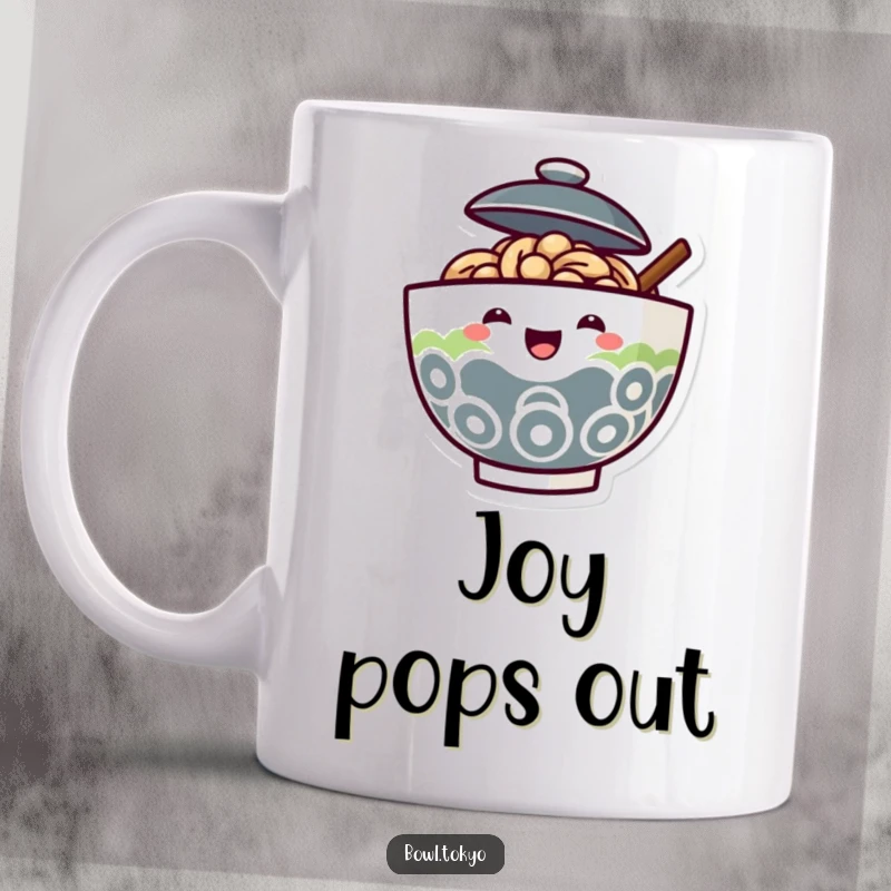 Funny Ramen Bowl Mug with lid ajar, a joyful face peeking out with happiness and delight.