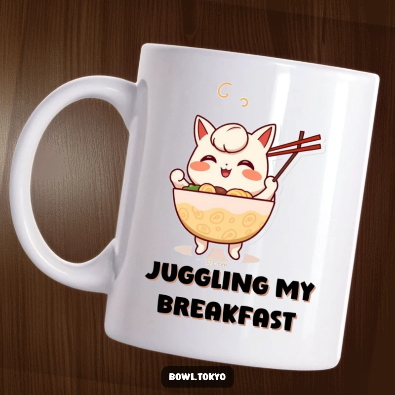 Funny cheerful anthropomorphic ramen bowl character happily juggling chopsticks with a big smile and energetic pose.