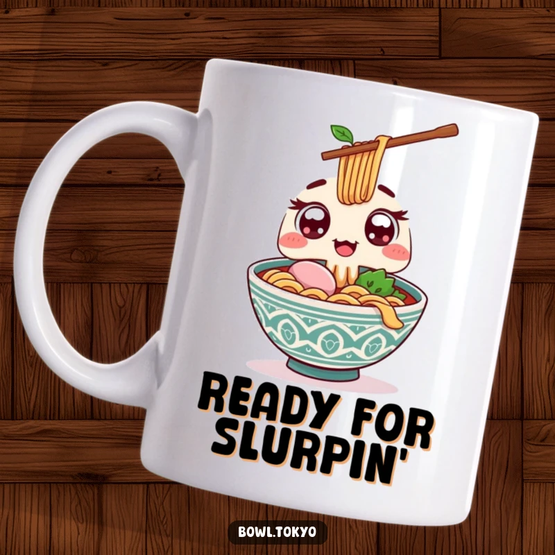 Funny Kawaii ramen bowl mug with wide excited eyes, offering a giant chopstick for a playful and humorous noodle experience.