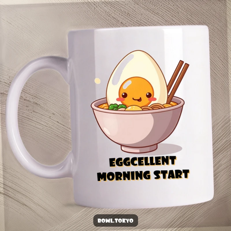 Funny Mug: A kawaii ramen bowl character with a giant, happy smiling egg peeking out, exuding cuteness and joy.