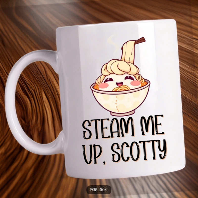 Funny mug showing a smiling ramen bowl character with steam rising playfully, resembling hearty laughter, perfect for tea or coffee.