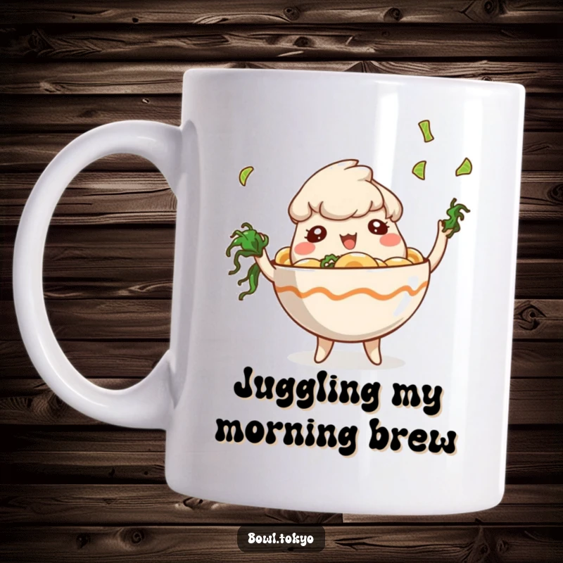 Funny Playful Ramen Bowl Mug featuring a character skillfully juggling tiny pieces of seaweed in a fun, lighthearted display.