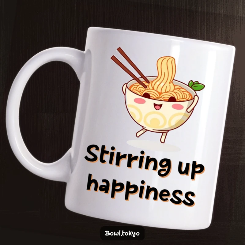 Funny playful ramen bowl mug, character doing a jig with chopsticks, happy noodle illustration, perfect for coffee or tea lovers.