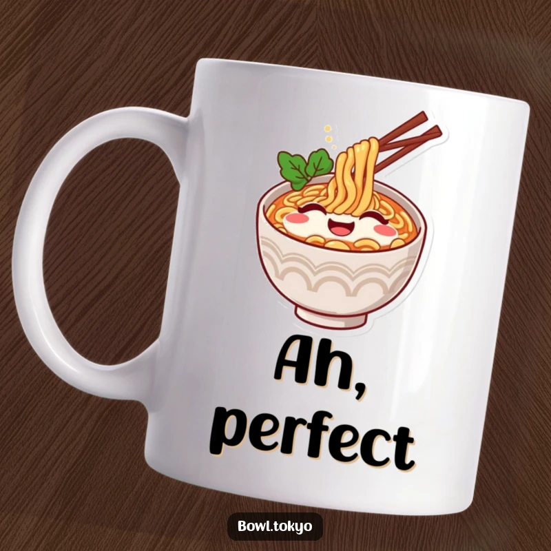 Funny Ramen Bowl Mug: Happy character with eyes closed, visually displaying a contented sigh.