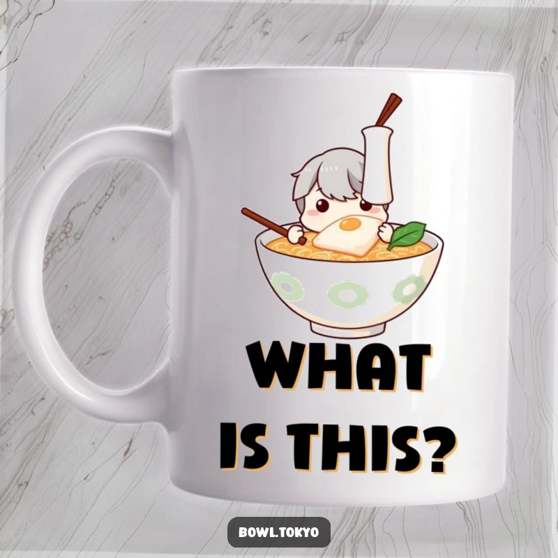 Funny Ramen Bowl Mug: Curious character tilting its head, examining a floating piece of kamaboko.