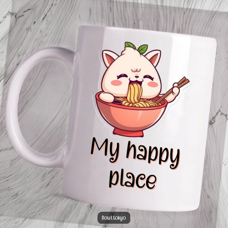 Funny mug showing an anthropomorphic ramen bowl character comically slurping noodles with intense delight and a happy expression.