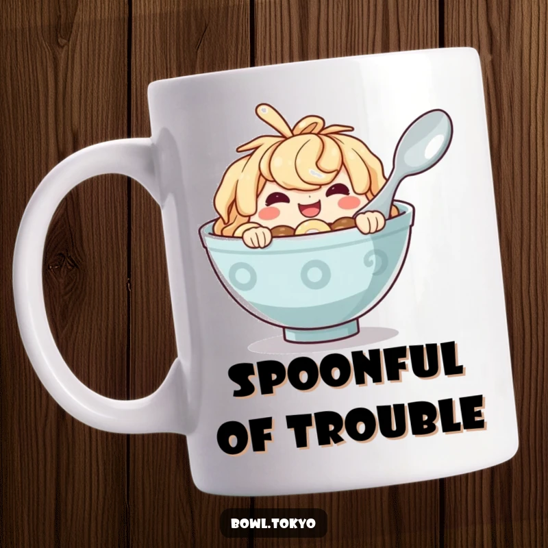 Funny Ramen Bowl Mug with a mischievous character peeking from behind a giant spoon with a cheeky grin.