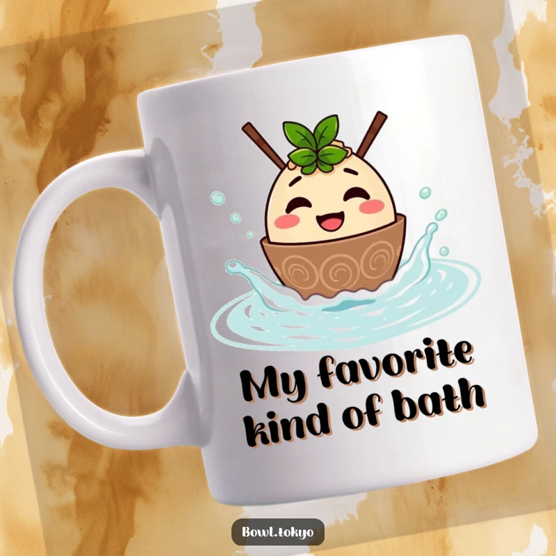 Funny mug featuring a smiling ramen bowl character joyfully splashing in a steamy hot spring, conveying pure bliss and relaxation.