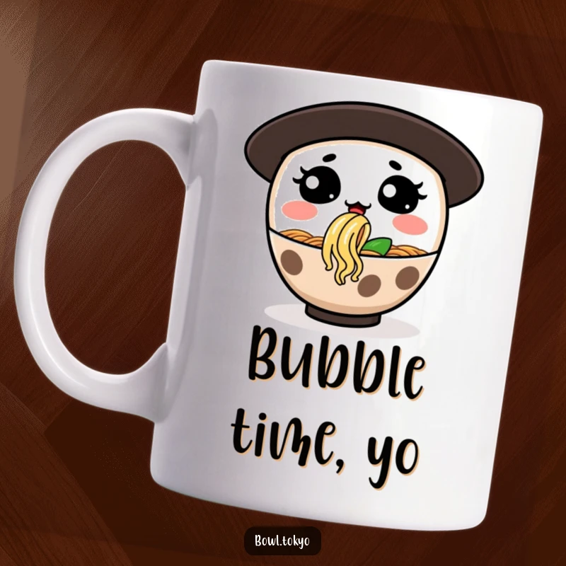 Funny mug featuring a ramen bowl character with a goofy expression, blowing a large bubble made of noodles.