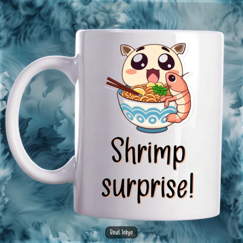 Funny ramen bowl character with big, excited eyes eagerly bites into a huge shrimp on this mug.