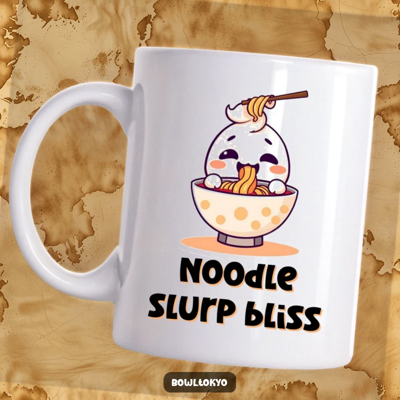 Funny ramen bowl mug with a cute kawaii character joyfully slurping a long noodle with eyes closed in delight.