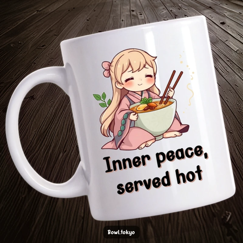 Funny ramen bowl in a flowing kimono, meditating peacefully beside a steaming bowl, conveying calm and humor.