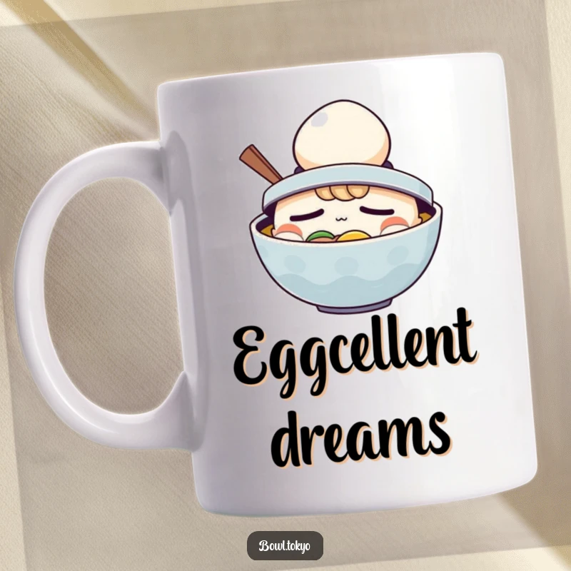 Funny Ramen Bowl Mug: Sleepy character comically wearing a tiny hard-boiled egg on its head like a hat.