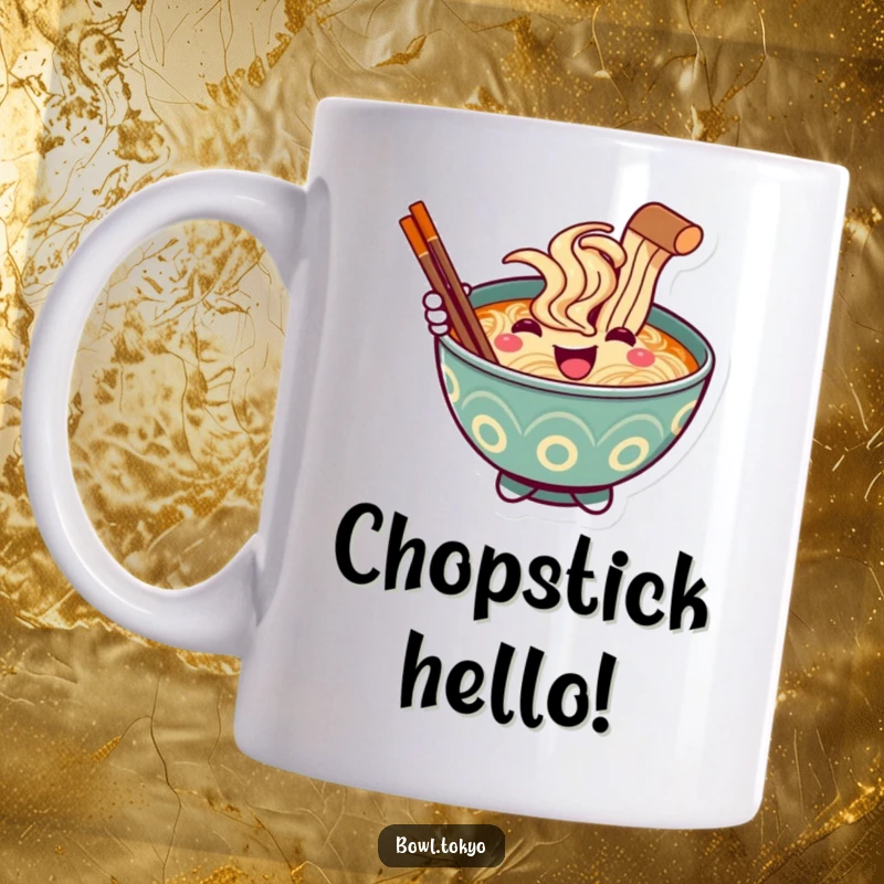 Funny Ramen Bowl Mug, a friendly smiling character offering a chopstick as a greeting, perfect for coffee or tea.