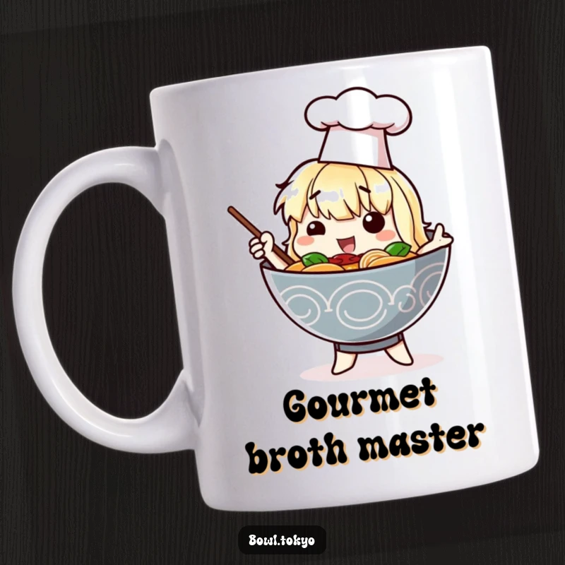 Funny mug featuring a ramen bowl character wearing a tiny chef hat, striking a dramatic pose with culinary flair.