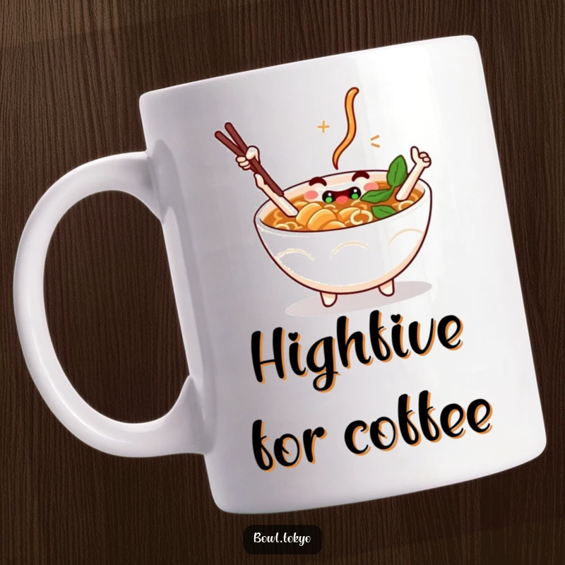 Funny Mug: A ramen bowl character with chopstick arms giving a playful high-five, symbolizing fun and connection.