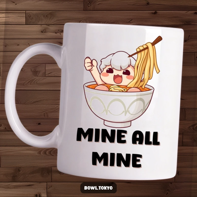 Funny Ramen Bowl Mug: Determined character leaping for a single nori flake, showcasing hunger and humor.