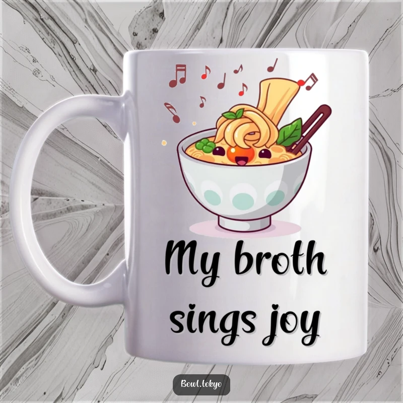 Funny musical ramen bowl character mug with floating musical notes, celebrating food and song, perfect for gifts.