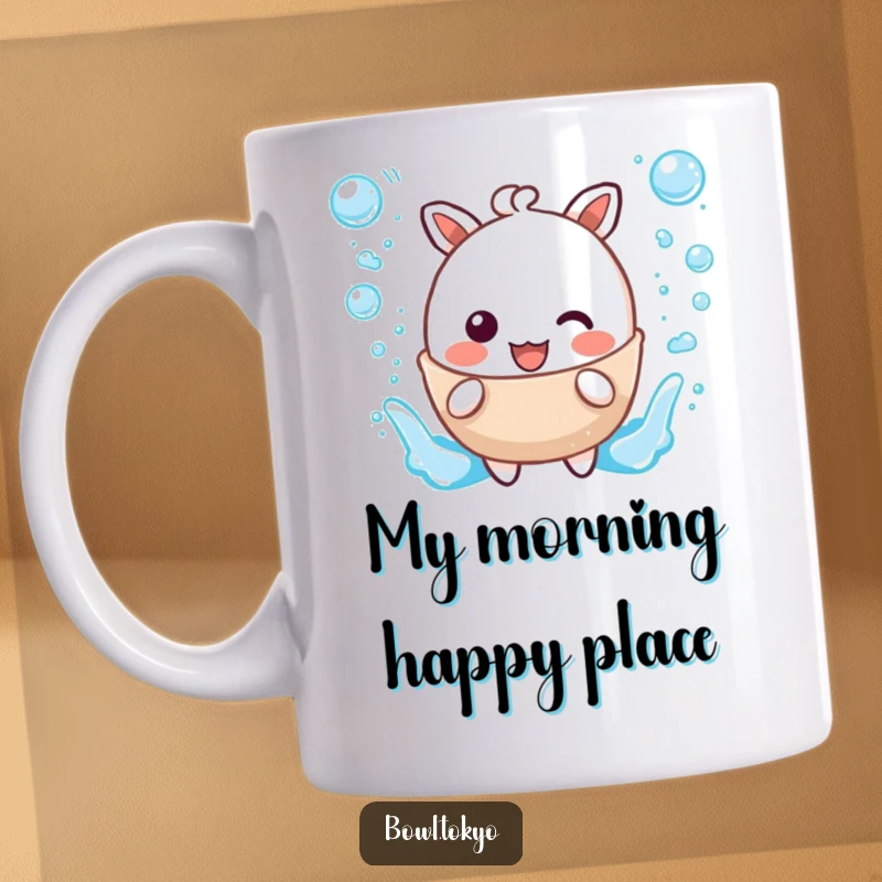 Funny mug featuring a cute, kawaii broth character with bubbly accents splashing with pure delight and happiness.