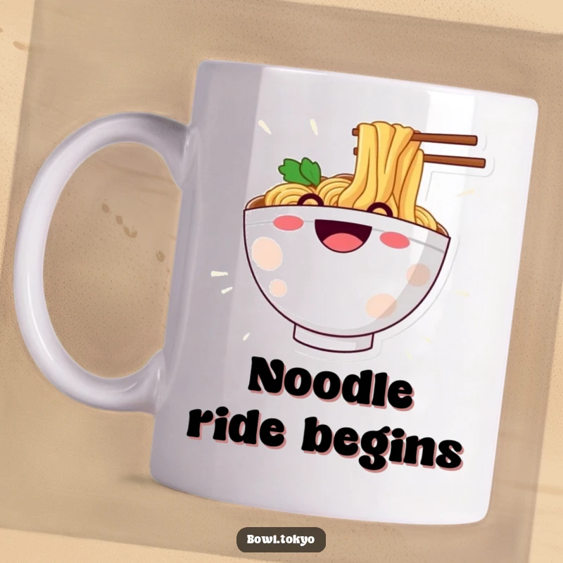 Funny mug depicting a happy ramen bowl character with a big grin, gleefully sliding down a long noodle.