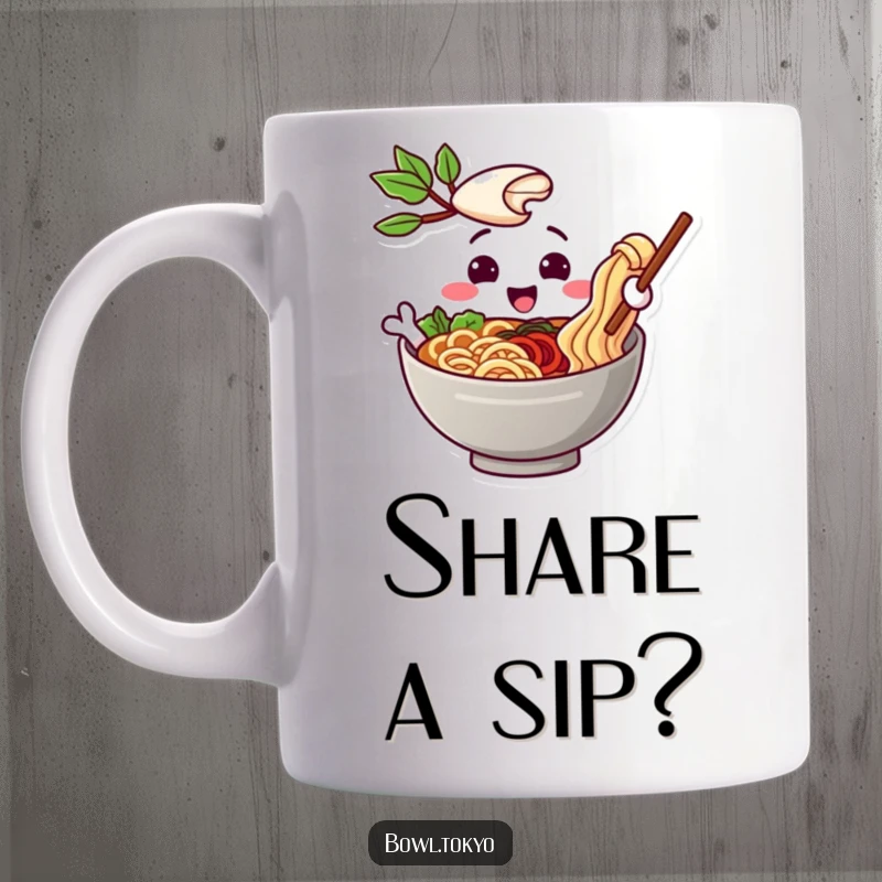 Funny mug showing a playful ramen bowl character offering a single noodle with a warm, friendly, and inviting gesture.