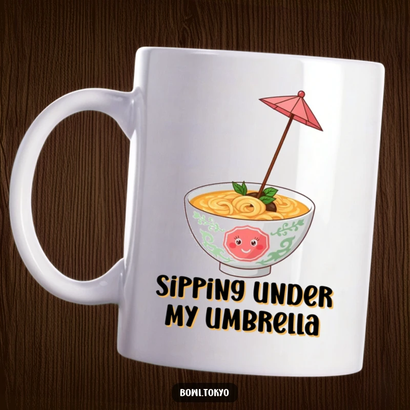 Funny ramen bowl with a tiny umbrella, happily twirling with a joyful expression, conveying pure delight and humor.