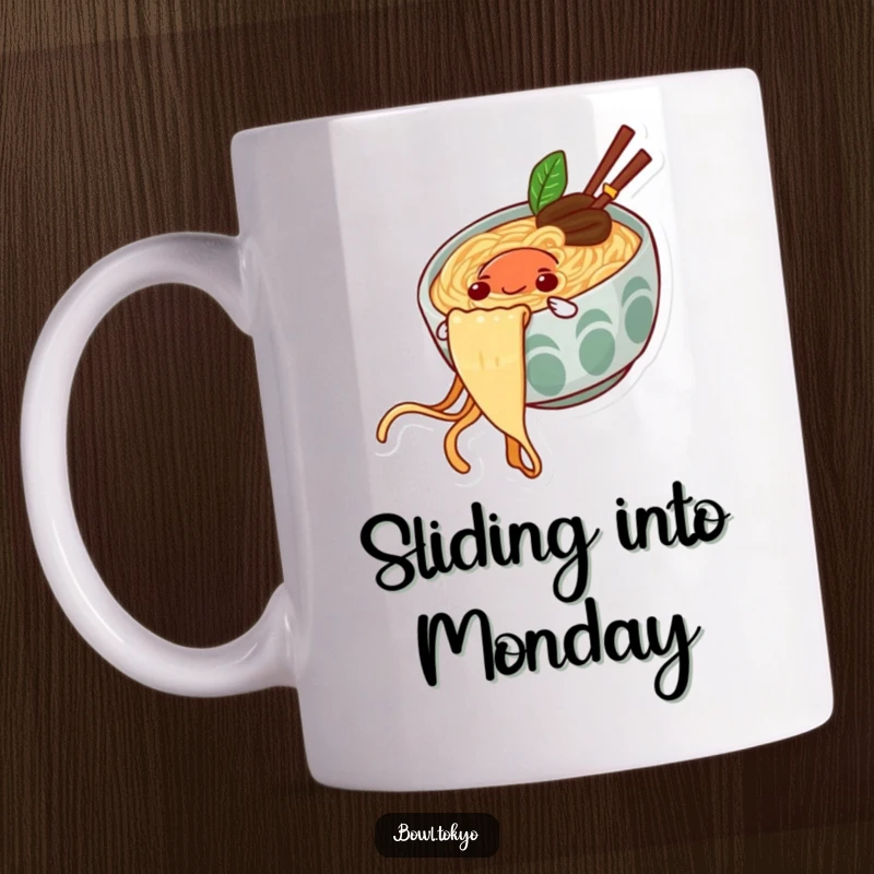 Funny mug with a happy ramen bowl character joyfully sliding down a long noodle string with excitement.