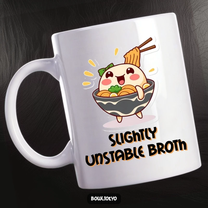 Funny wobbling ramen bowl character mug, capturing a moment of hilarious instability, perfect for tea lovers.