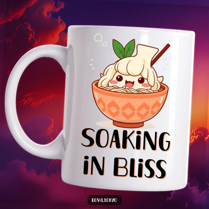 Funny Kawaii ramen bowl mug, character sighing happily, surrounded by steam, cozy noodle humor, perfect gift.