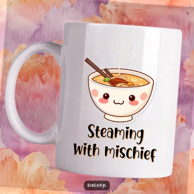 Funny cute kawaii ramen bowl with a mischievous grin peeking playfully from delicious steam, full of character.
