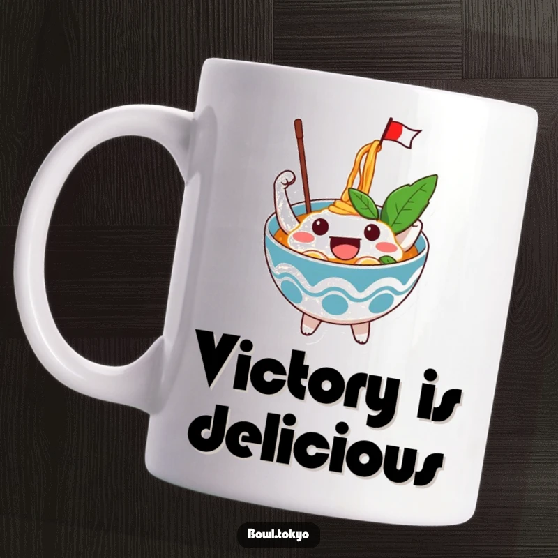 Funny Excited Ramen Bowl Mug with a character joyfully waving a tiny flag from atop noodles, embodying celebration and enthusiasm.