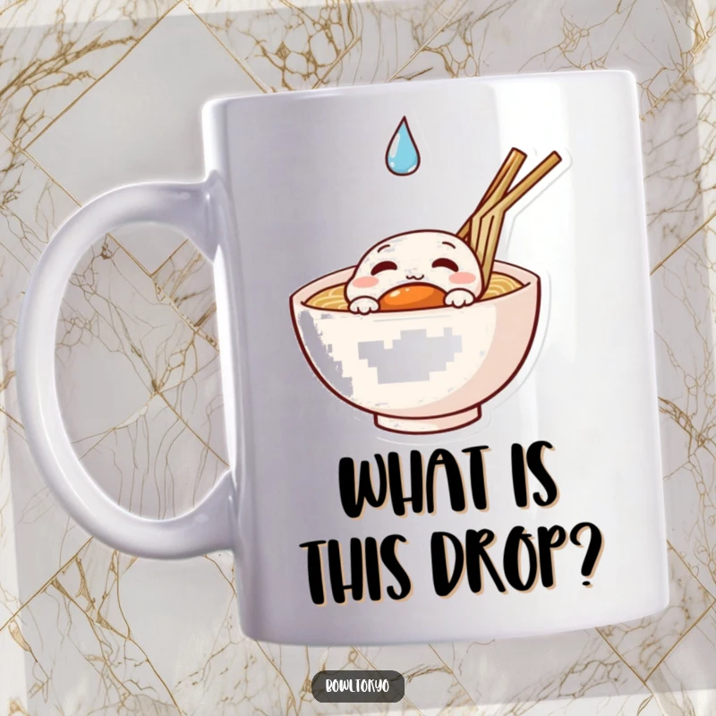 Funny curious ramen bowl character mug peeking at a floating droplet, showcasing intrigue, ideal for coffee lovers.