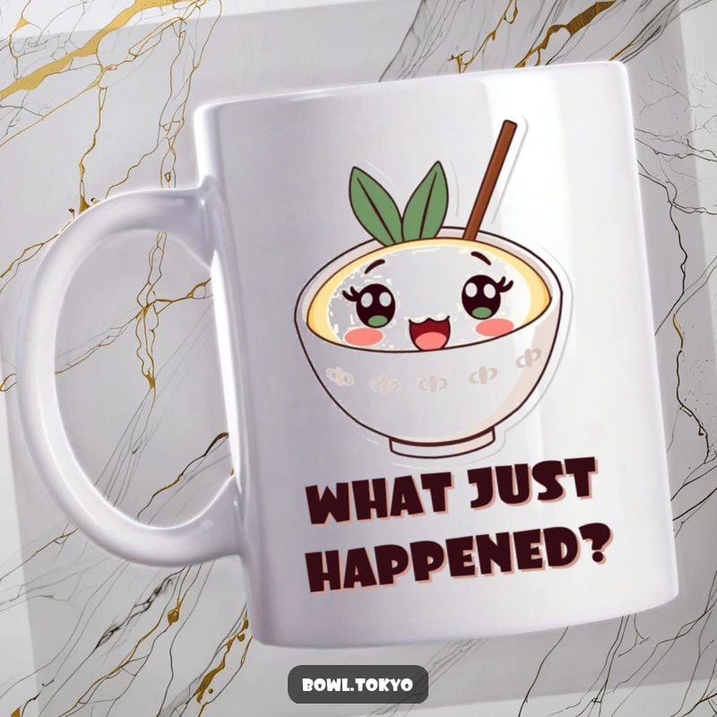 Funny kawaii ramen bowl mug with large, surprised eyes looking upwards in shock and wonder, holding a funny pose.
