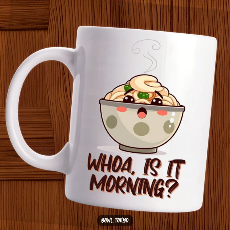 Funny Mug: A ramen bowl character looking surprised, with steam dramatically puffing from its top, capturing shock.