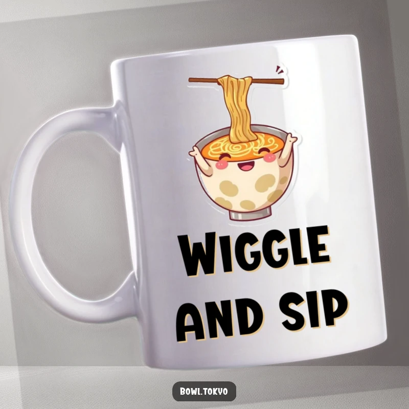 Funny mug with a cheerful ramen bowl character enthusiastically gesturing with a pair of wiggly chopsticks.