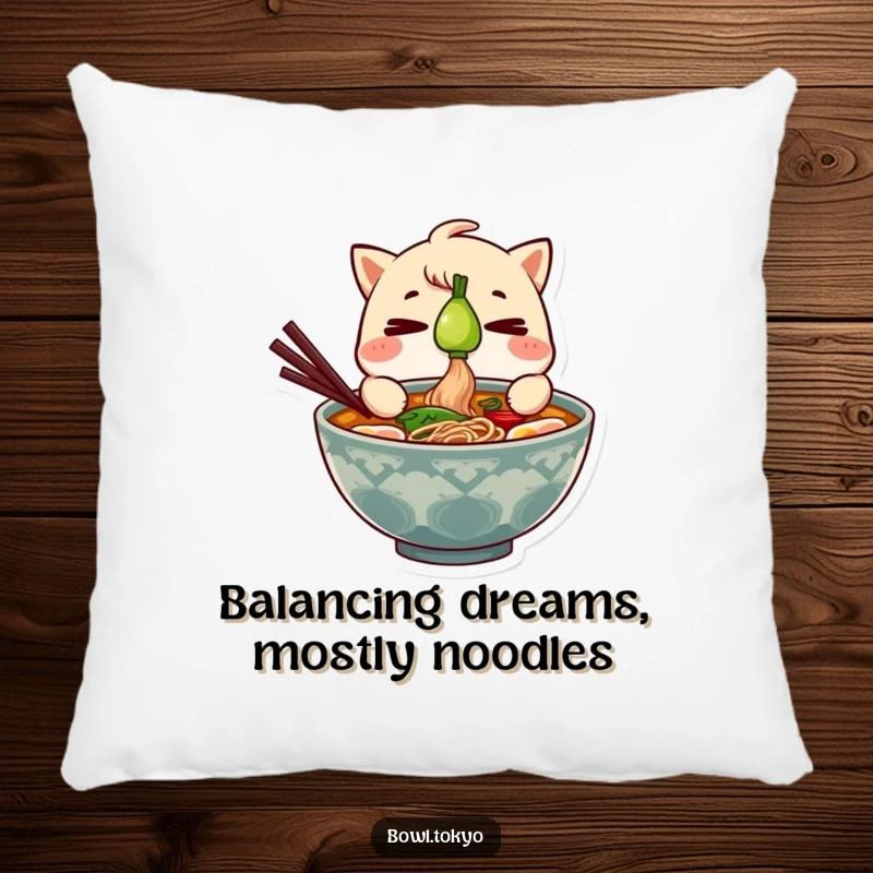 Funny Ramen Bowl Pillow with a character balancing a green onion, offering plush comfort and a humorous design.