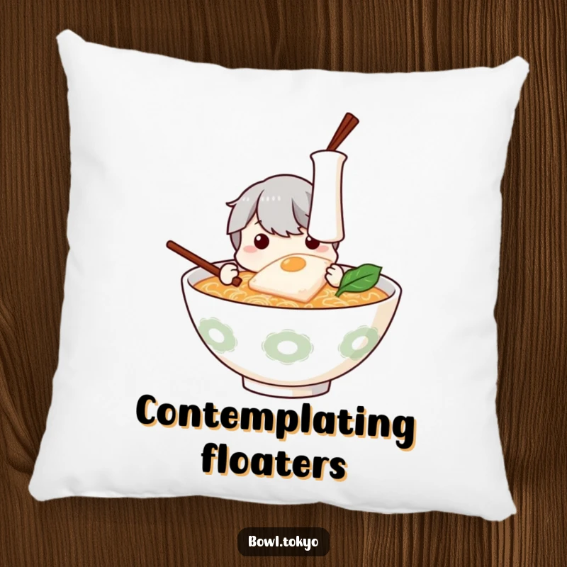 Funny Ramen Pillow: Soft cushion featuring a curious ramen bowl character examining a floating piece of kamaboko.