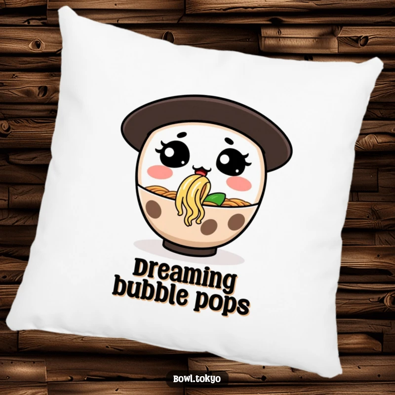 Funny pillow with a ramen bowl character making a silly face while blowing a noodle bubble, ideal for cozy humor.