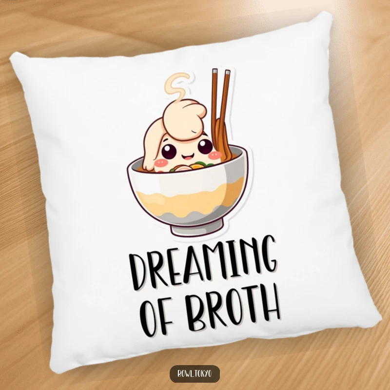 Funny Ramen Bowl Pillow, a cute character with happy steam, perfect for cozying up with a smile.