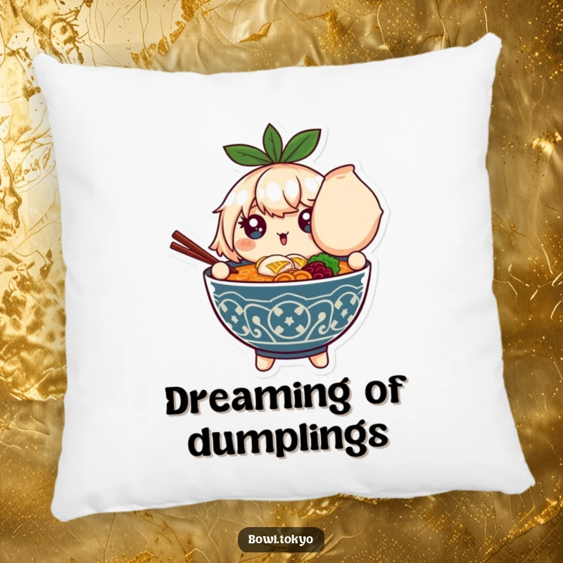 Funny pillow with a ramen bowl character possessing sparkling eyes, holding a large dumpling, ideal for cozy humor.