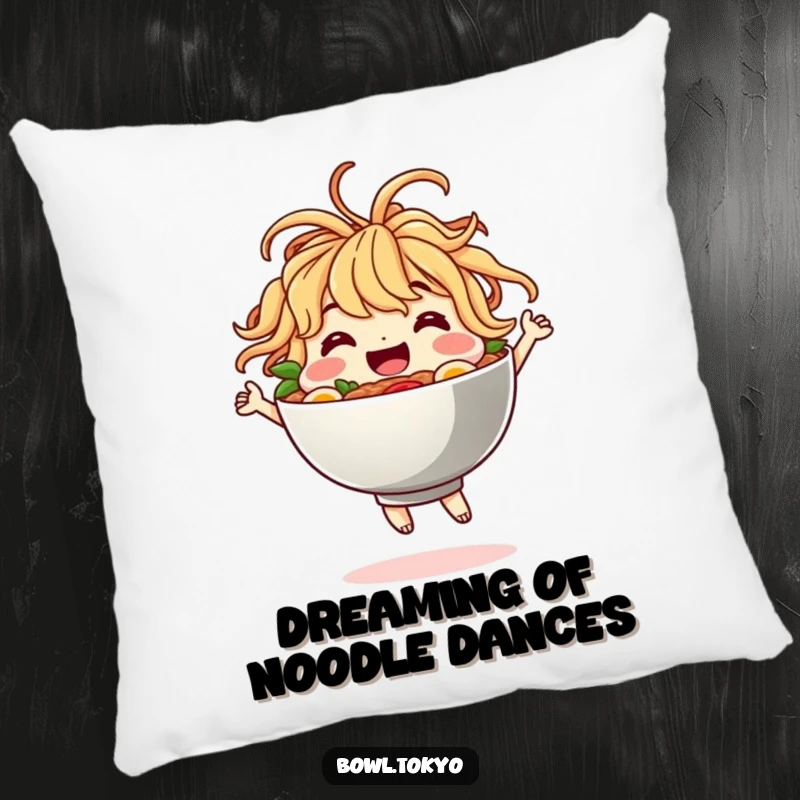Funny Pillow: A comfy ramen bowl character with noodle hair dancing joyfully, offering a soft and humorous decorative touch.