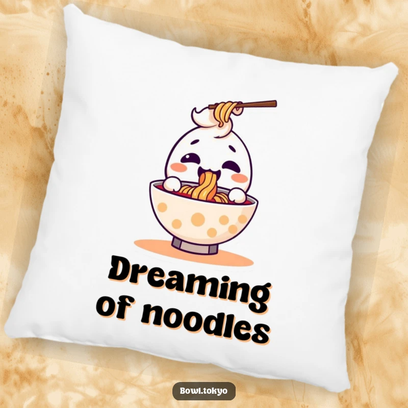 Funny kawaii ramen bowl pillow with a joyful character blissfully slurping a noodle, perfect for adding comfort.