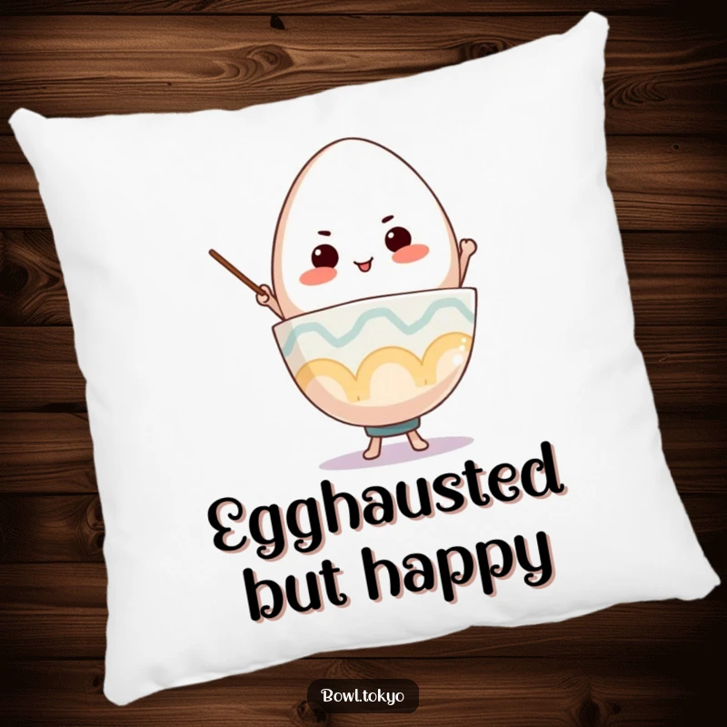Funny Ramen Bowl Pillow, a determined character balancing a giant egg, ideal for comfort and motivation.