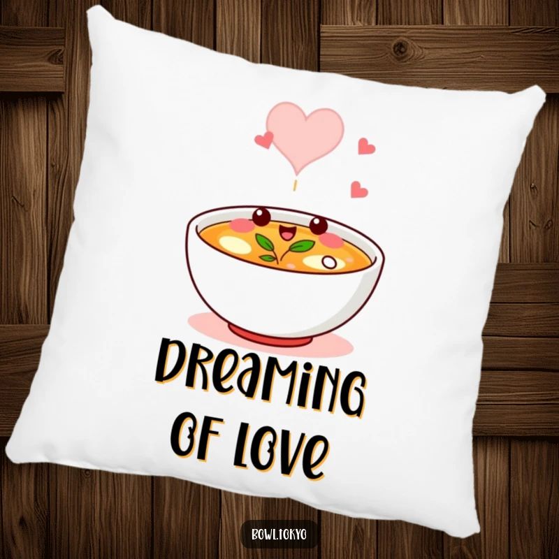 Funny pillow with a broth bowl character winking playfully, its steam forming a heart, perfect for relaxation.