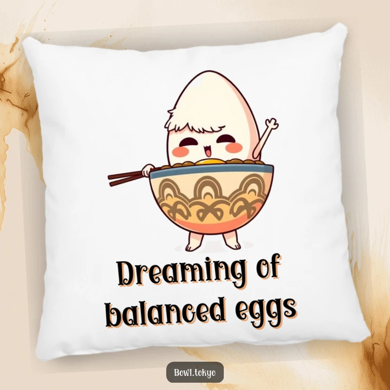 Funny Comfort Ramen Bowl Pillow featuring a determined character balancing a giant egg, providing comfort and motivation.