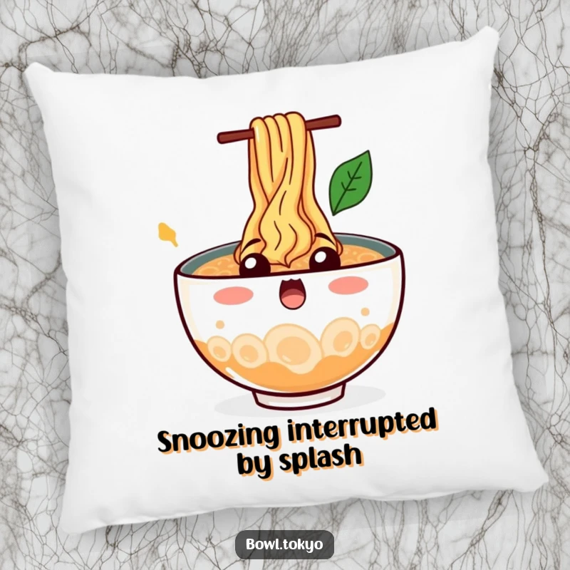 Funny Comfort Ramen Bowl Pillow featuring a surprised character with noodles splashing out, adding a touch of comic chaos.